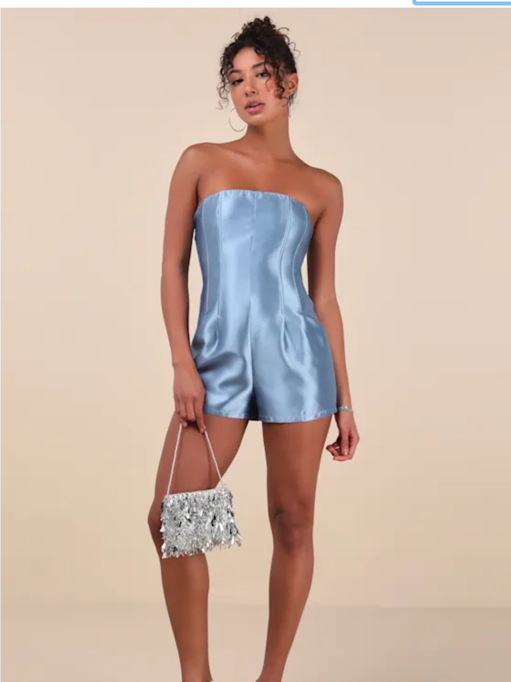 Lulu's Strapless Satin Romper in Steel Blue